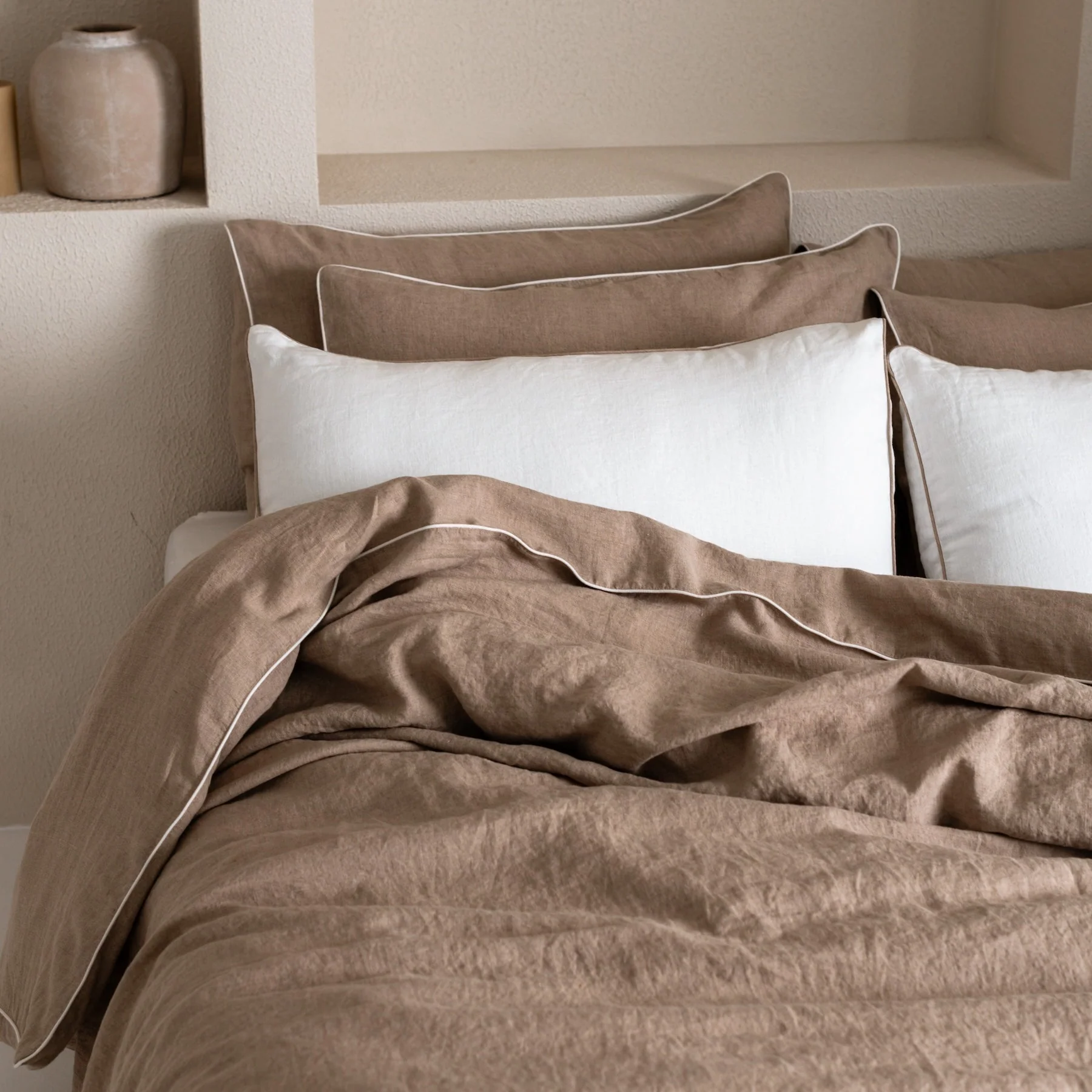 Natural Linen Duvet Cover Set with White Piping135x200/80x80 cm Blár